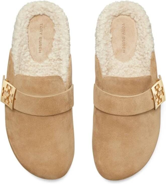 TORY BURCH Shearling Muiltjes in Beige Suède Beige Dames