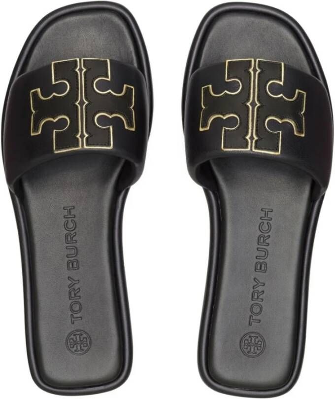 Tory Burch Zwarte platte sandalen met metallic afwerking