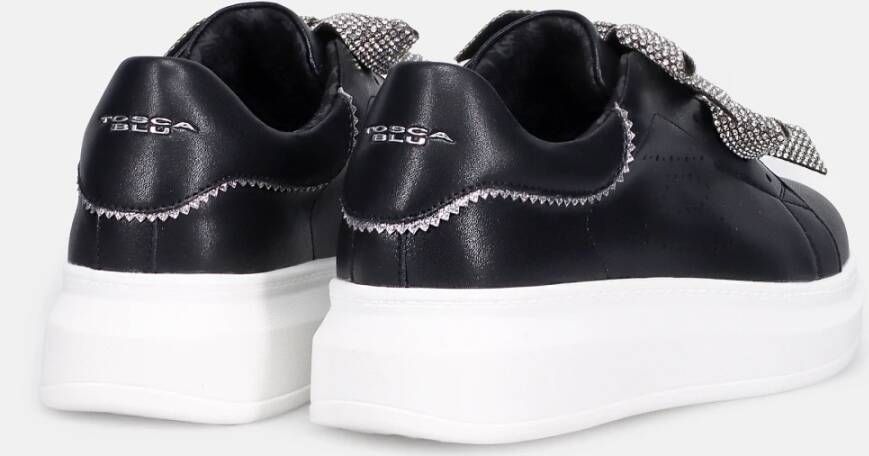 Tosca Blu Zwarte leren instap sneakers met fonkelende strass strikjes Zwart Dames