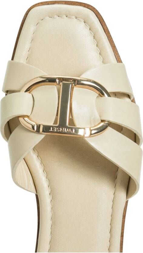 Twinset Beige leren slide sandalen met Oval T-logo