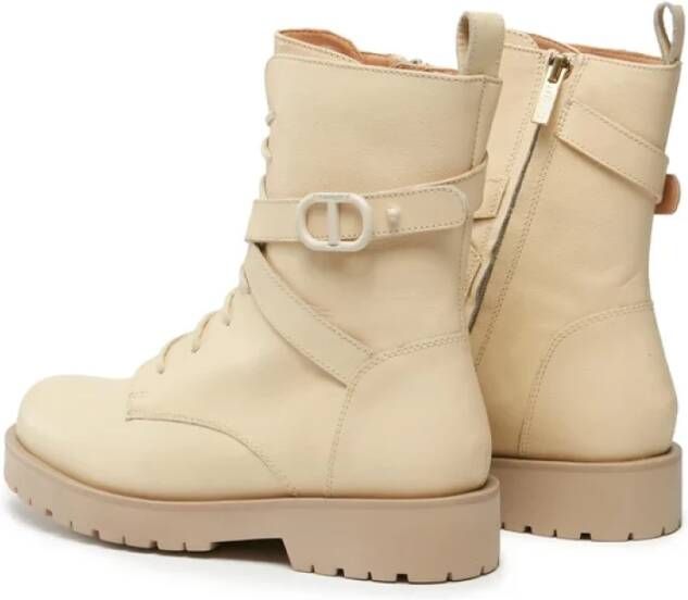 Twinset Crèmekleurige Leren Veterlaars Beige Dames