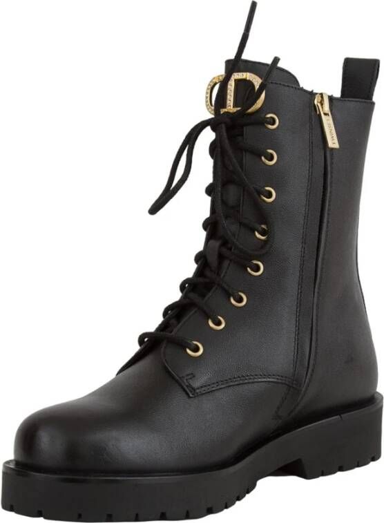 Twinset Leren Enkellaars met Ovaal T en Strass Black Dames
