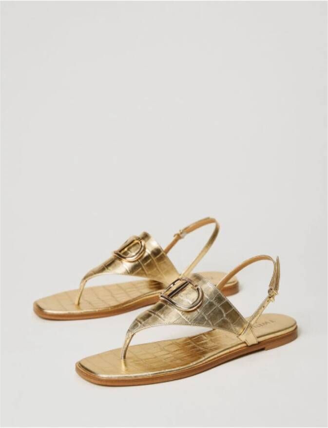 Twinset Platte leren lamé sandalen met verstelbare band Yellow Dames