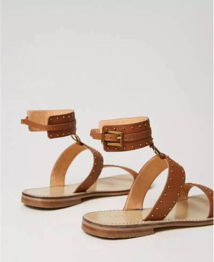 Twinset Platte leren sandalen met studs Brown Dames