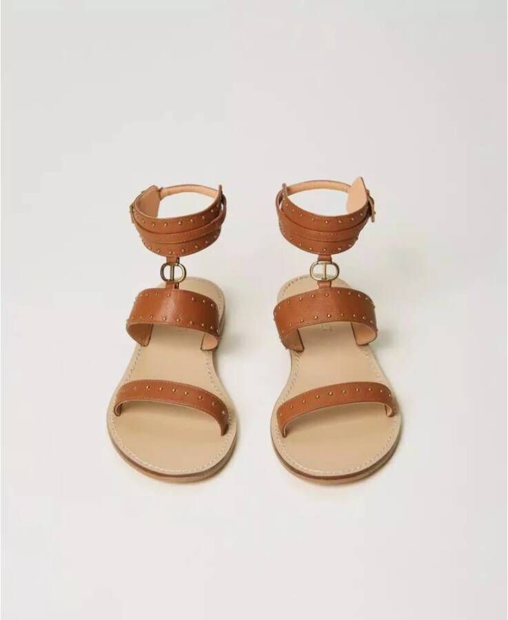 Twinset Platte leren sandalen met studs Brown Dames