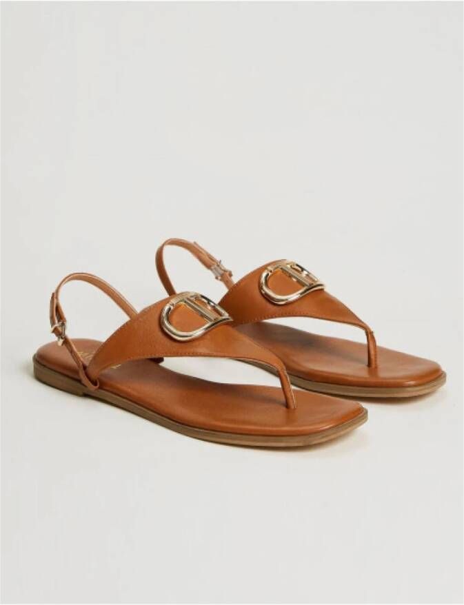 Twinset Platte leren sandalen met verstelbare band Brown Dames