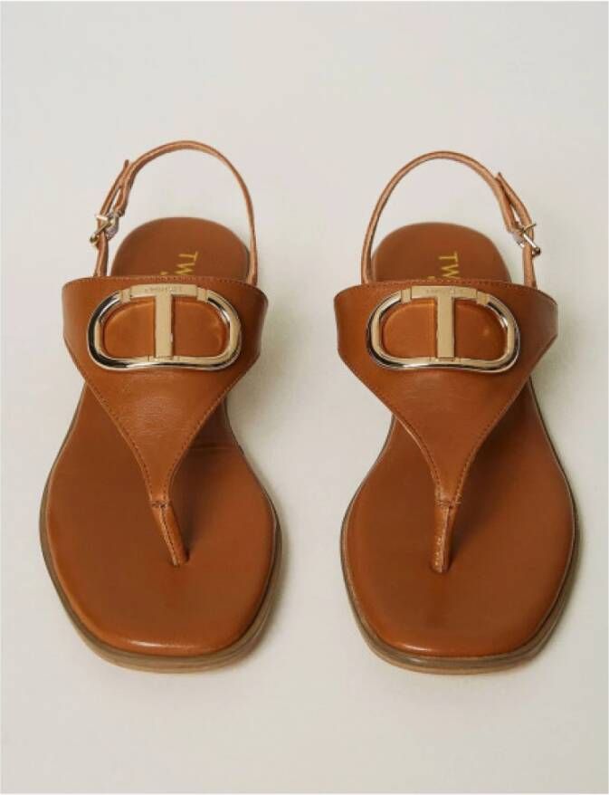 Twinset Platte leren sandalen met verstelbare band Brown Dames