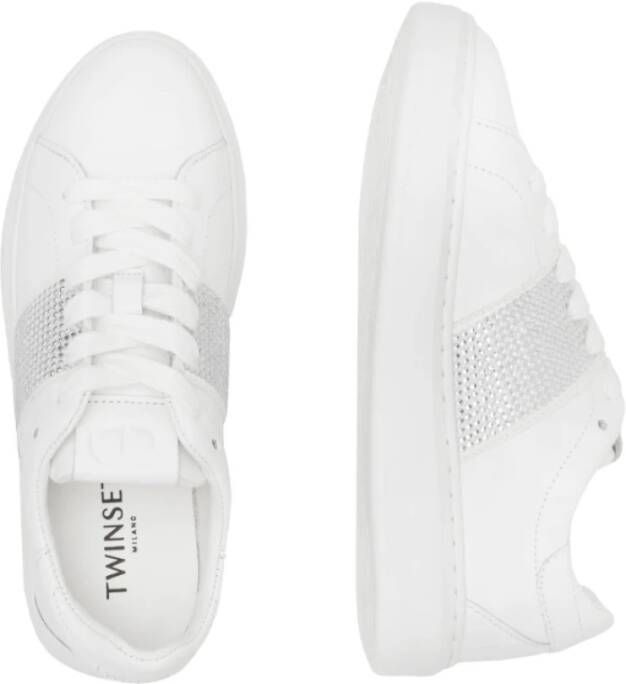 Twinset Witte Leren Lage Sneakers met Strass Detail White Dames