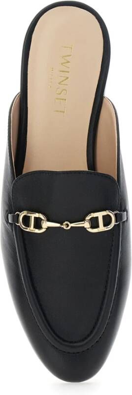 Twinset Zwarte Leren Logo Plaque Muilen Black Dames