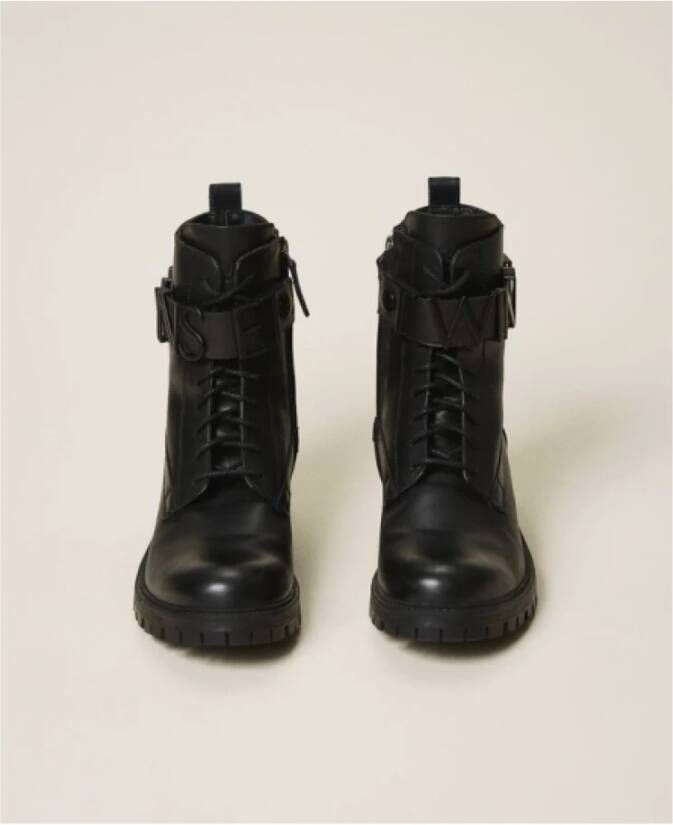 Twinset Zwarte Leren Veterlaarzen
