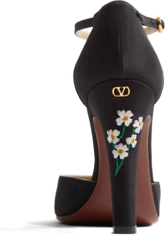 Valentino Garavani Zwarte Bloemen Geborduurde Hoge Hak Sandalen