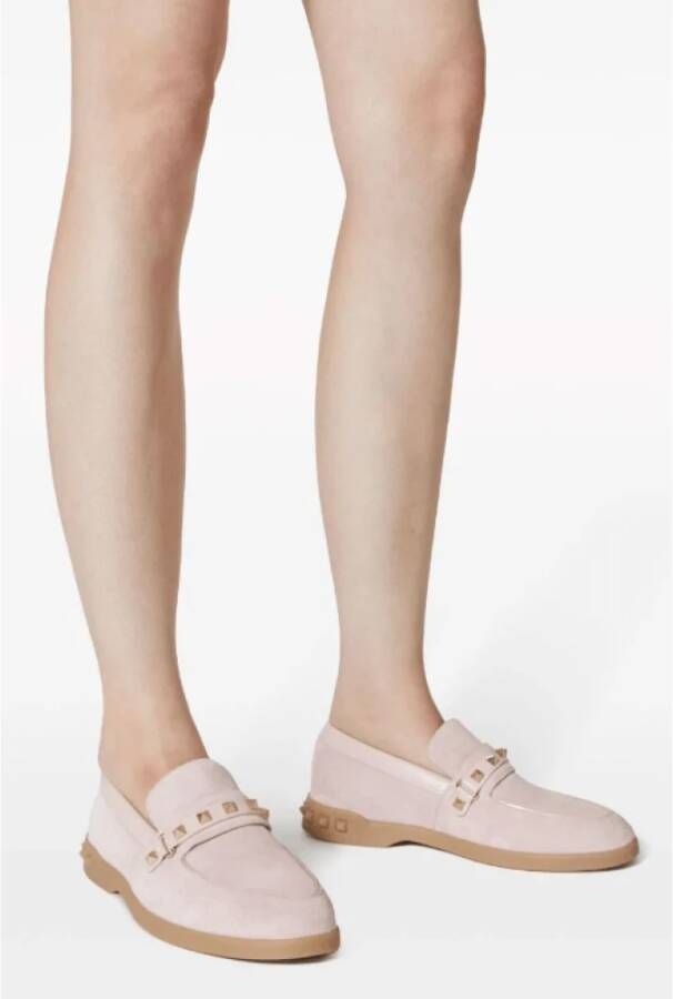 Valentino Roze Suède Loafers met Rockstud Details Pink Dames