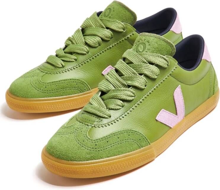 Veja Groene Leren Sneakers Veters Rubberen Zool Green Dames