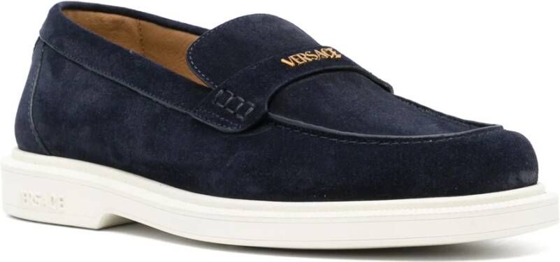 Versace Blauwe Suède Mocassins met Medusa Motief Blue Heren