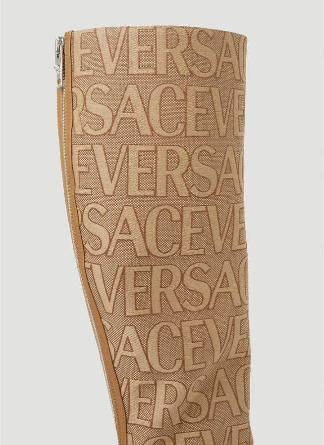 Versace Canvas Logo Jacquard Hoge Hakken Laarzen Beige Dames