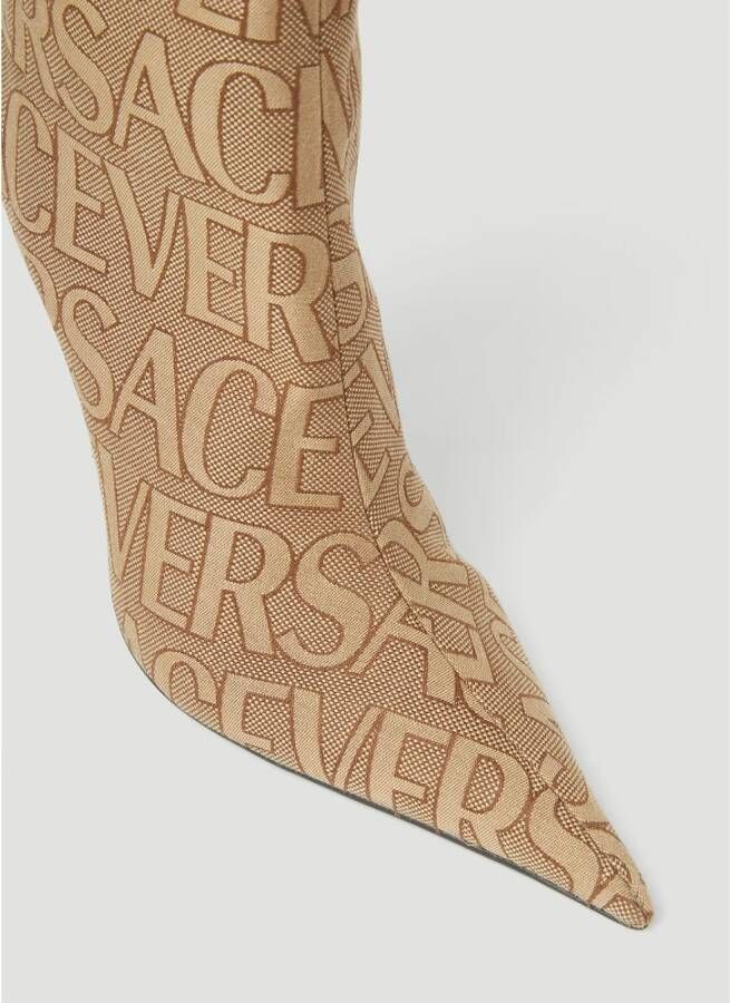 Versace Canvas Logo Jacquard Hoge Hakken Laarzen Beige Dames