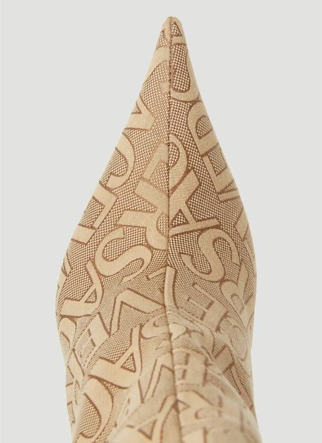 Versace Canvas Logo Jacquard Hoge Hakken Laarzen Beige Dames