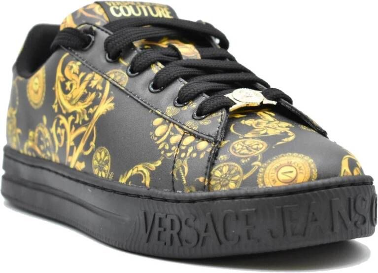 Versace Jeans Couture Gedrukte leren sneakers met gouden detail Black Dames
