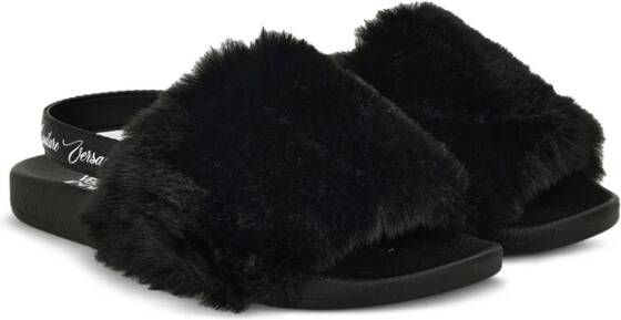 Versace Jeans Couture Zwarte Bontafwerking Slingback Sandalen