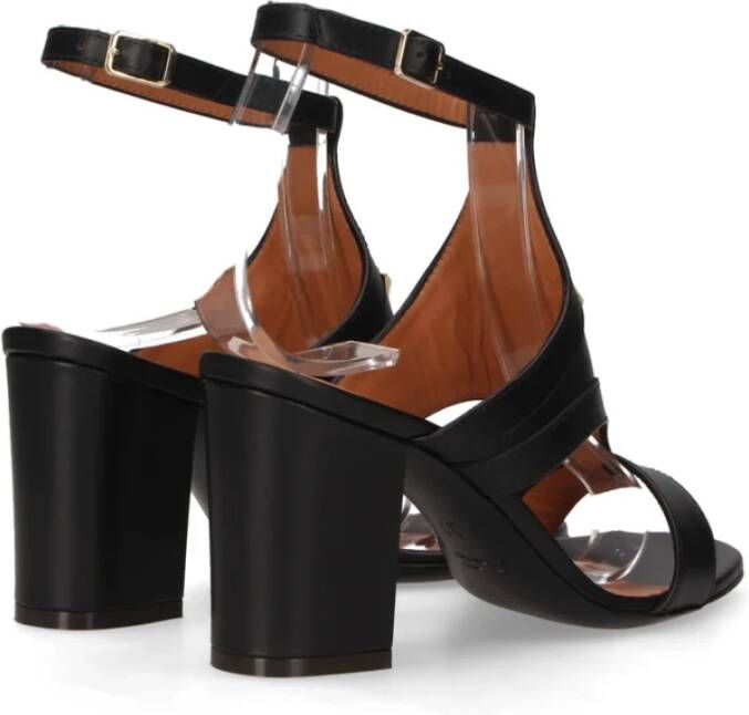 Via Roma 15 Zwarte leren sandalen met gouden metalen V-logo