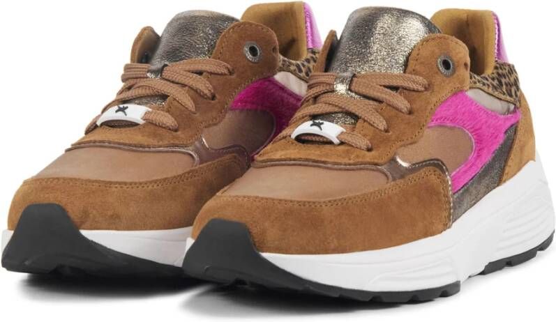 Xsensible Cognac Combi Leren Sneakers Bruin Dames