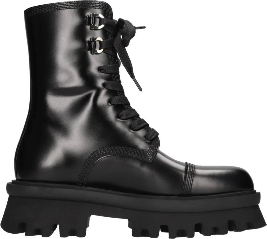 Salvatore Ferragamo Boots Glossy Black Leather Combat Boots in zwart