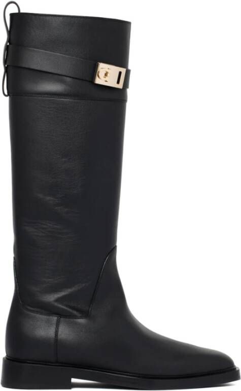 Salvatore Ferragamo Zwarte Leren Enkellaarzen Ruitersport Stijl Black Dames