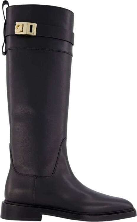 Ferragamo Zwarte Leren Kuitlaarzen met Gesp