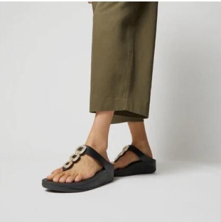 FitFlop Damen Flip Flops Fino Crystal-Chain Leather Toe-Post Sandals HX2 Black - Foto 4