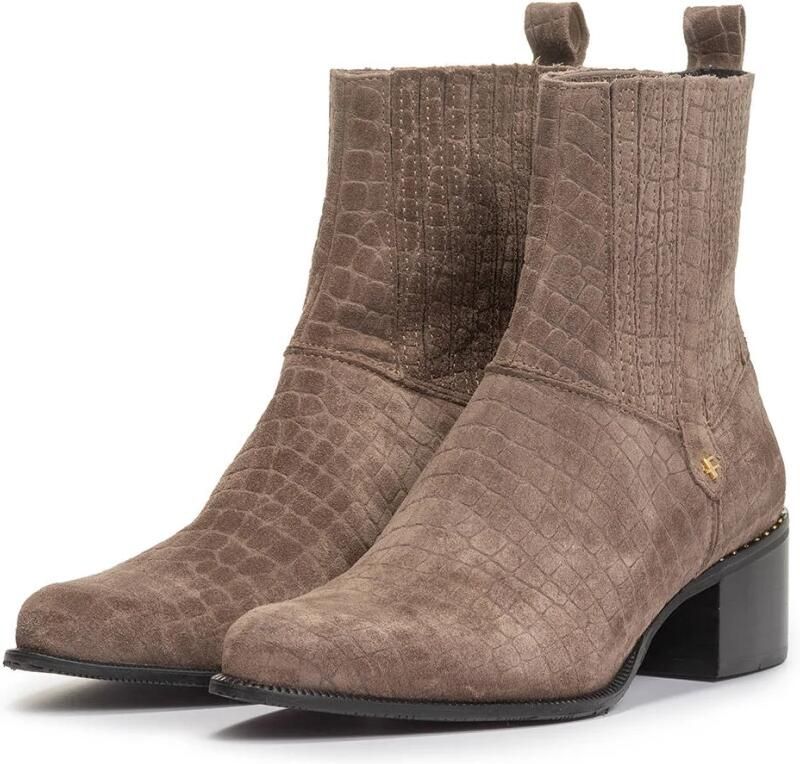 Floris van Bommel Evi 01.12 suède enkellaarzen met crocoprint taupe