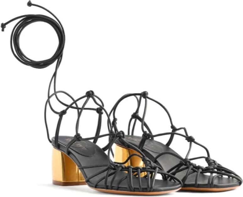 Forte Zwarte leren enkelband sandalen met gouden hak