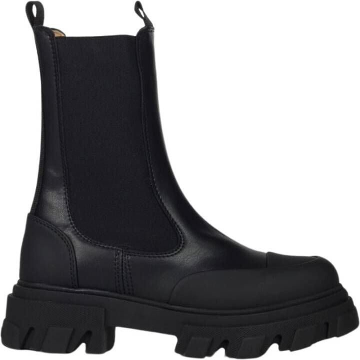 Ganni Zwarte leren Chelsea laars met chunky rubberen zool Black Dames