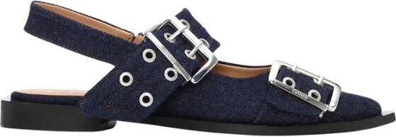 Ganni Blauwe Denim Slingback Platte Schoenen Blue Dames