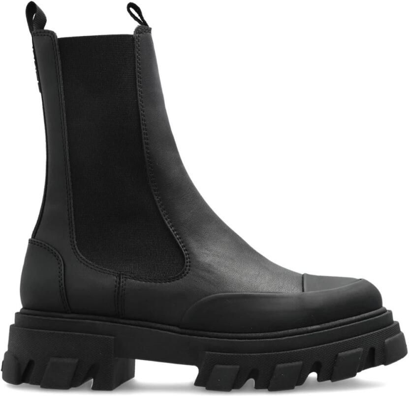 Ganni Zwarte leren Chelsea laars met chunky rubberen zool Black Dames