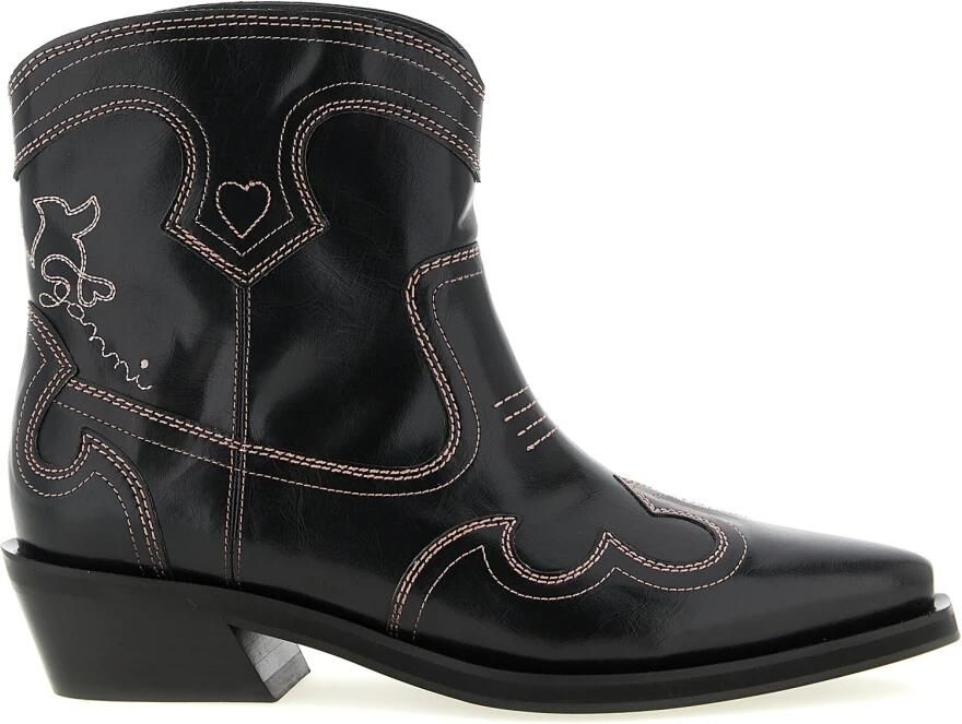 Ganni Low Shaft Embroidered Western Ankle Boots