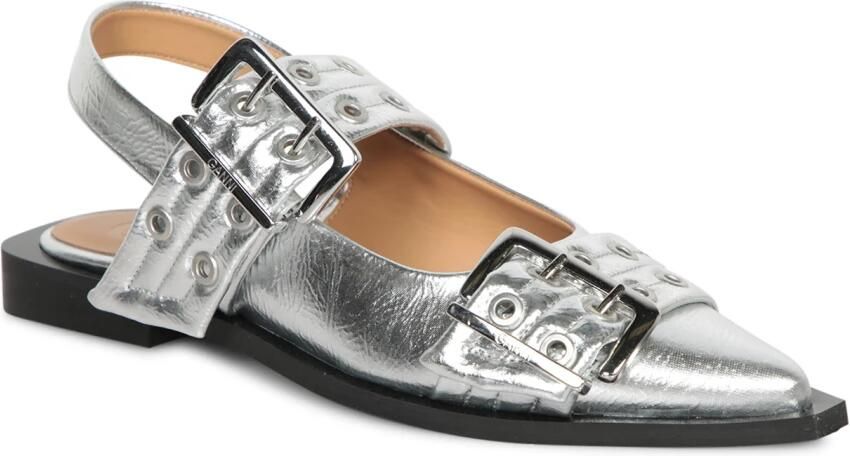 Ganni Metallic Buckle Ballerina Schoenen Gray Dames