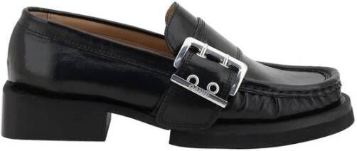 Ganni Blokhak Leren Loafers met Gesp Black Dames
