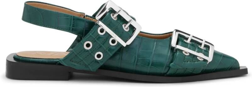 Ganni Groene Vrouwelijke Gesp Ballerina Croco Schoenen