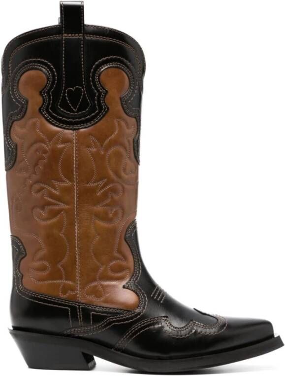 Ganni Mid Shaft Western Laarzen Leer Zwart Black Dames