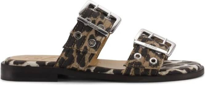Ganni Leopard Denim Feminine Gespsandalen met Twee Banden