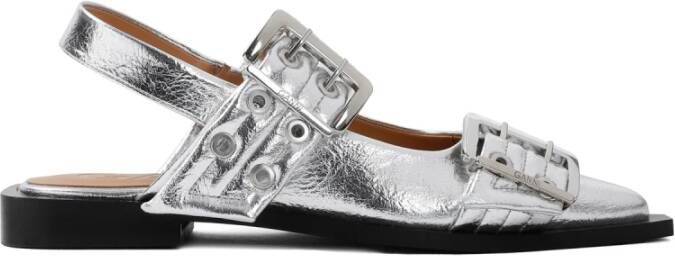 Ganni Metallic Buckle Ballerina Schoenen Gray Dames