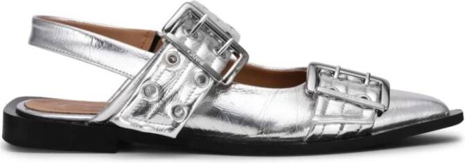 Ganni Metallic Buckle Ballerina Schoenen Gray Dames