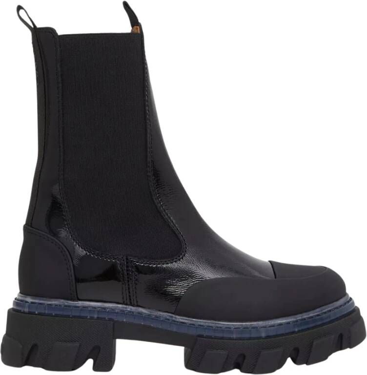Ganni Stijlvolle leren enkellaarzen met marineblauwe inzetstukken Black Dames