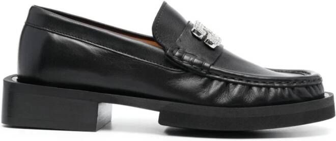 Ganni Zwarte platte schoenen Zwarte Rhinestone Logo Leren Loafer Black Dames