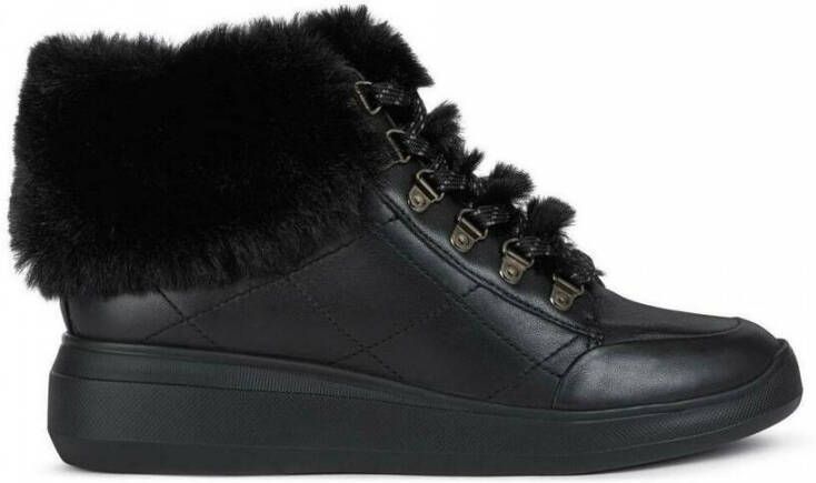 Geox Rubidia Leather Faux Fur Trim Trainers Zwart Dames