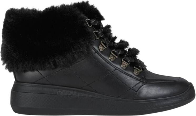 Geox Rubidia Leather Faux Fur Trim Trainers Zwart Dames