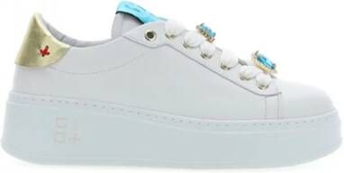 Gio+ Witte leren damessneakers met turquoise en gouden accenten