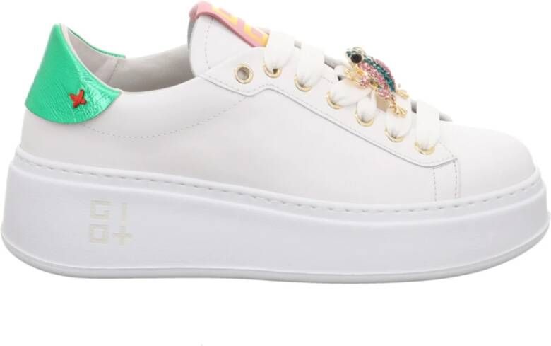Gio+ Witte leren sneakers met groene en roze inzetstukken White Dames