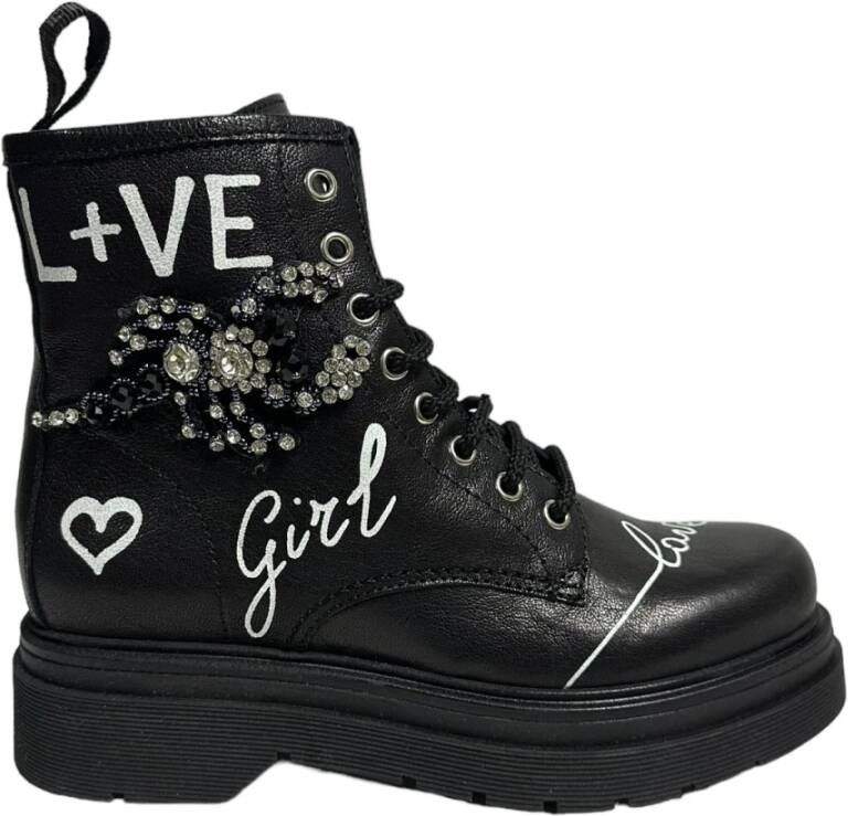 Gio+ Zwarte leren enkellaarzen polyester Black Dames