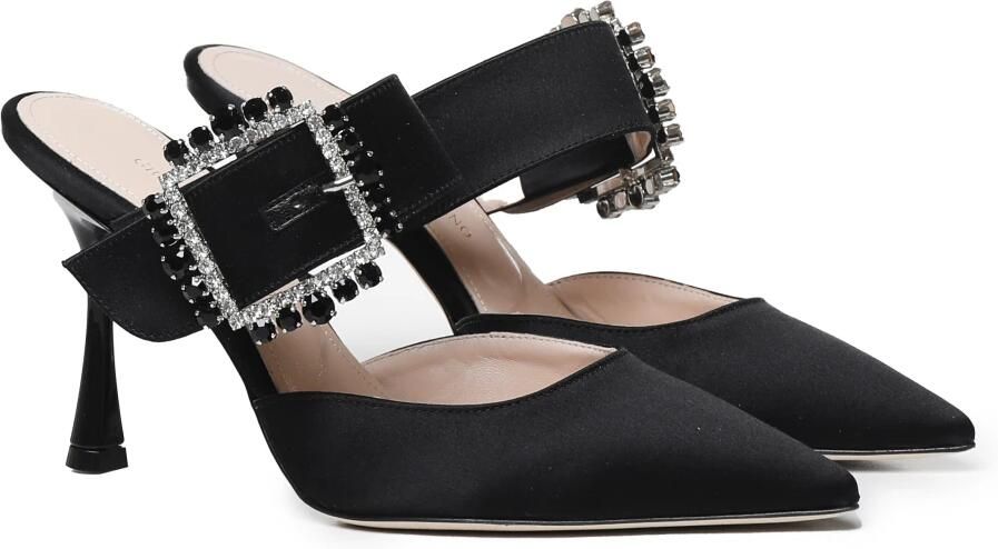 Giuliano Galiano Zwarte Satijnen Puntige Sandalen met Versierde Gesp